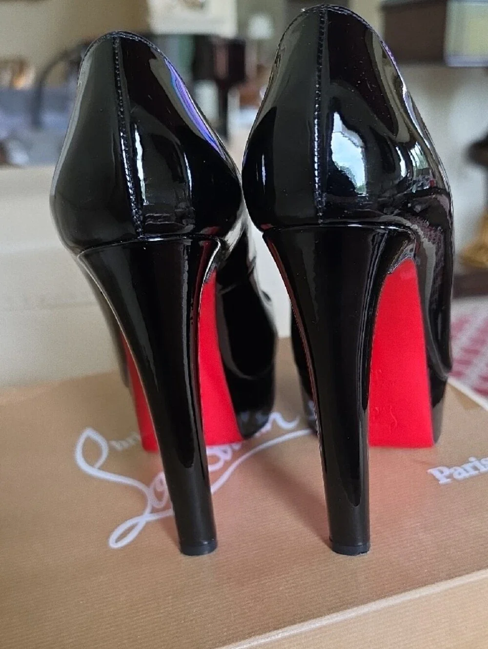 Christian Louboutin Black Patent Peep-Toe Platform Heels